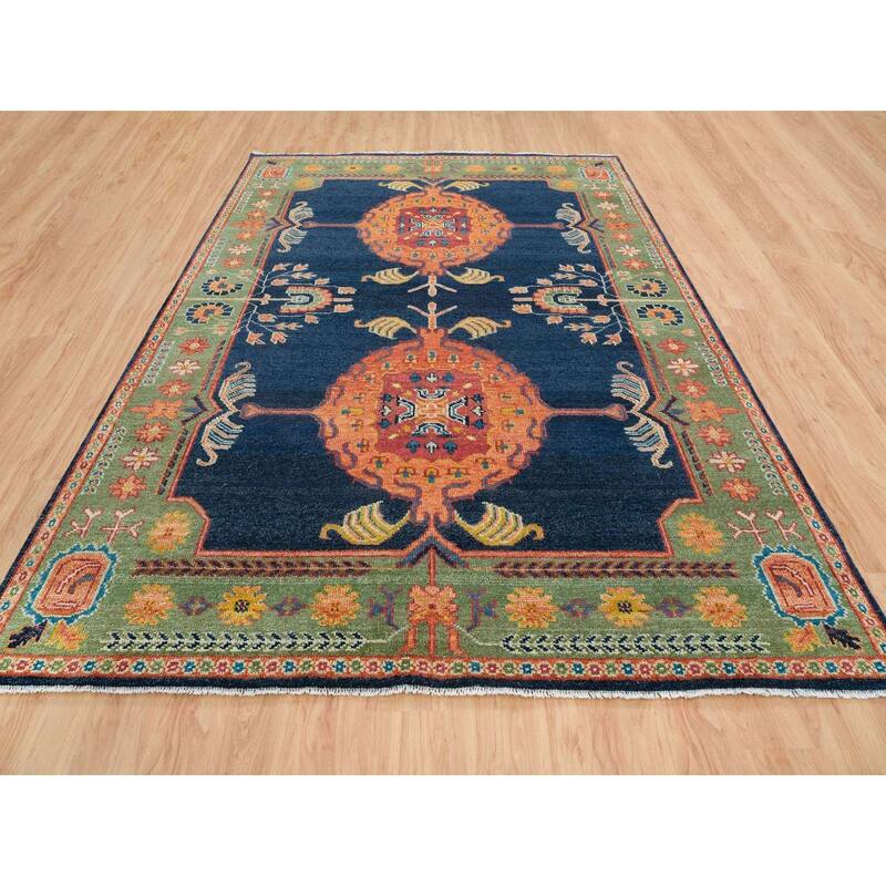 Hand Knotted Blue Khotan and Samarkand with Wool Oriental Rug (9'1" x